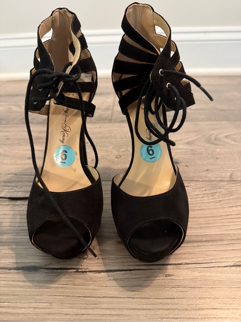 Penny Loves Kenny Black Suede Lace-Up Peep Toe Heels